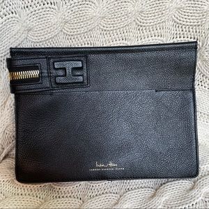 India Hicks Big Zipper Clutch - Black Leather New